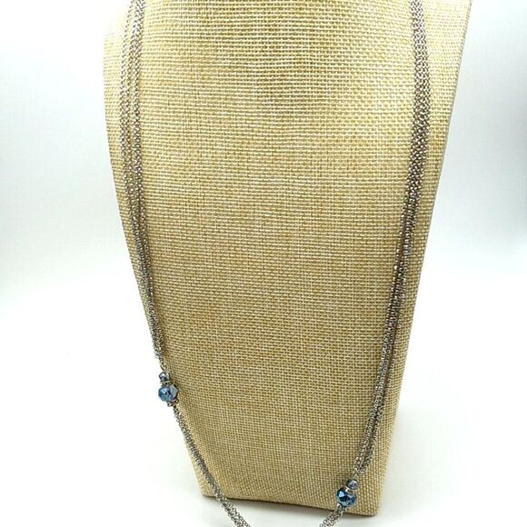 Multi-Chain Tassel Necklace Silver-tone with Faceted Sapphire Glass Beads NWOT - Picture 3 of 13